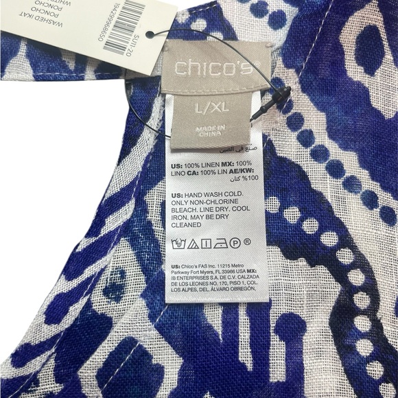 Chico's Washed Linen Poncho in Blue and White Pattern - Size L/XL - Picture 6 of 8